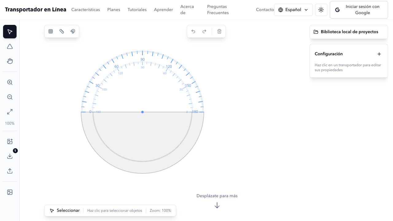 Espacio de trabajo real de Online Protractor para medición por rayos en el navegador